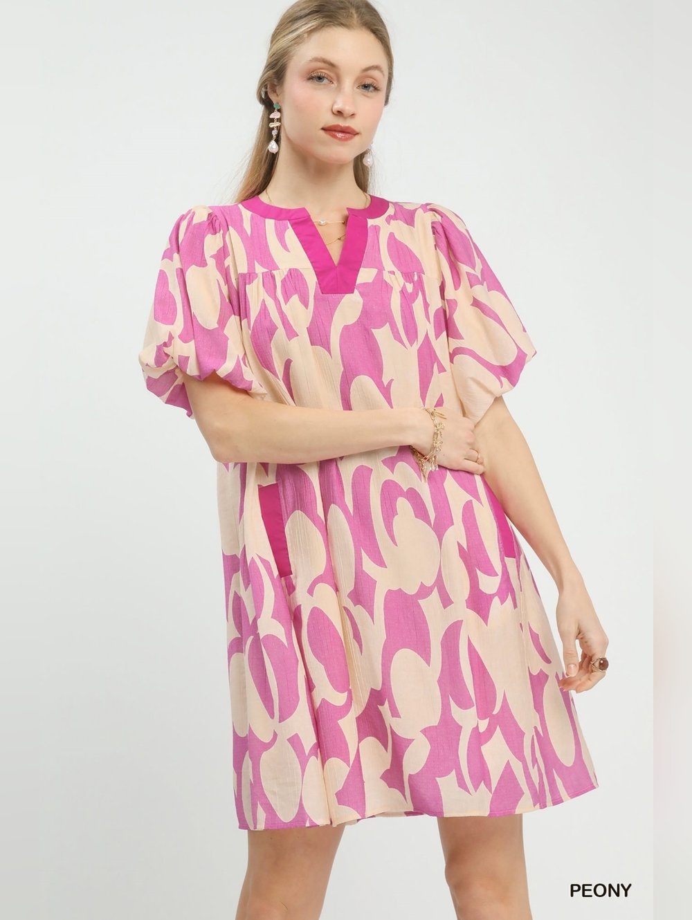 Umgee Abstract Print Puff Sleeve Shift Dress - Picture 2 of 10